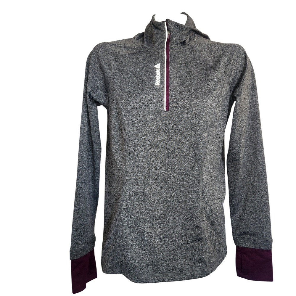Reebok Womens S Gray Heathered Quarter Zip Hooded Running Top Thumbholes workout